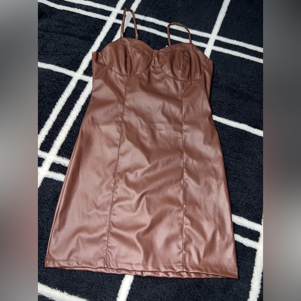 Leather mini brown faux dress